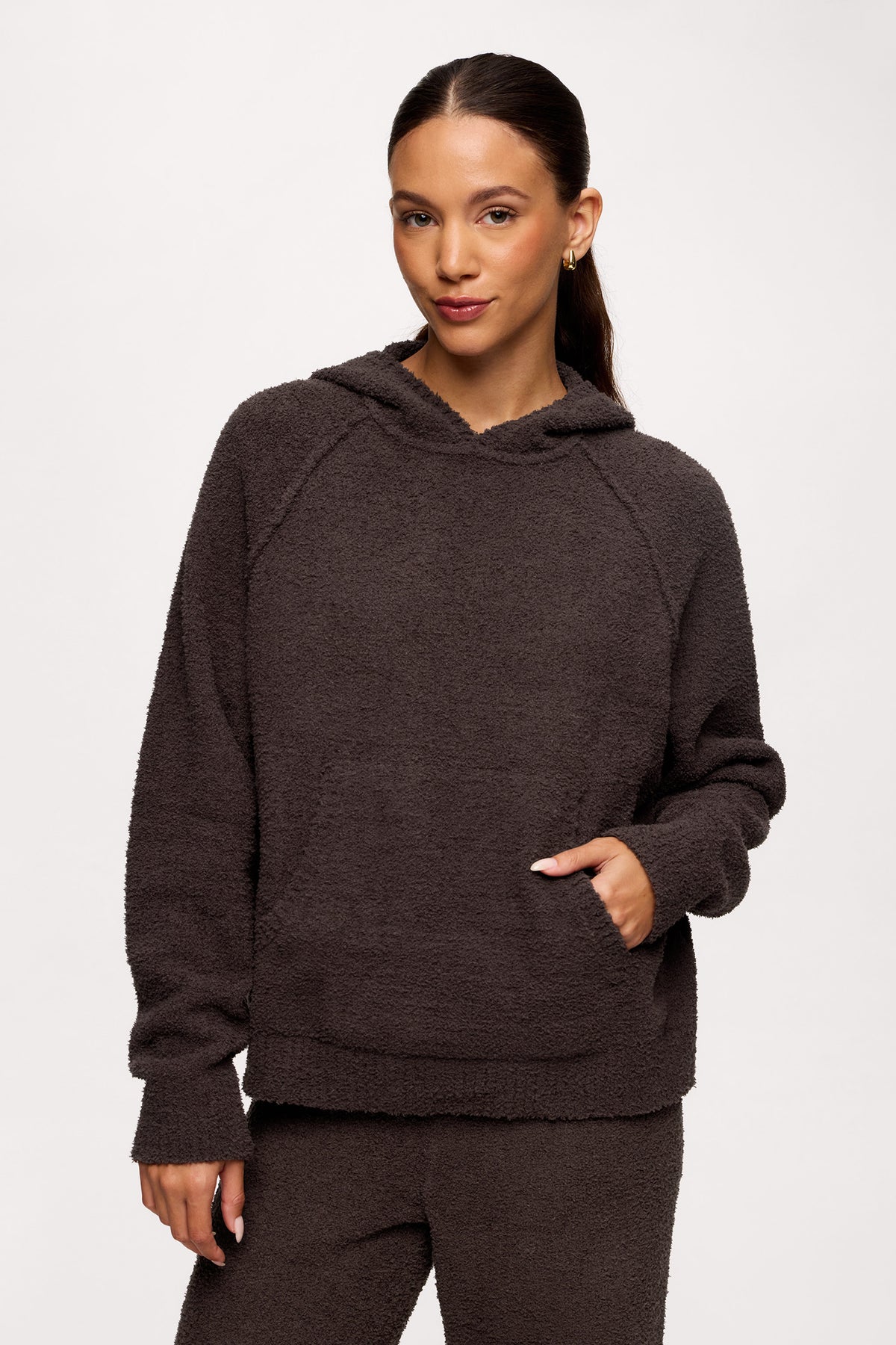 Color:Espresso | nuuds teddy sweat set for women - plush knit cozy sweater hoodie and wide-leg pant set