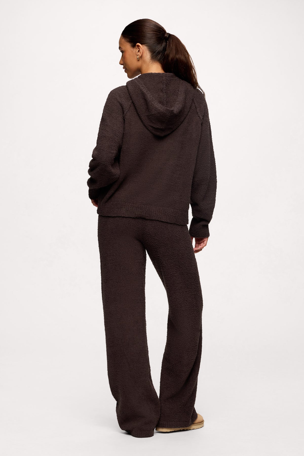 Color:Espresso | nuuds teddy sweat set for women - plush knit cozy sweater hoodie and wide-leg pant set