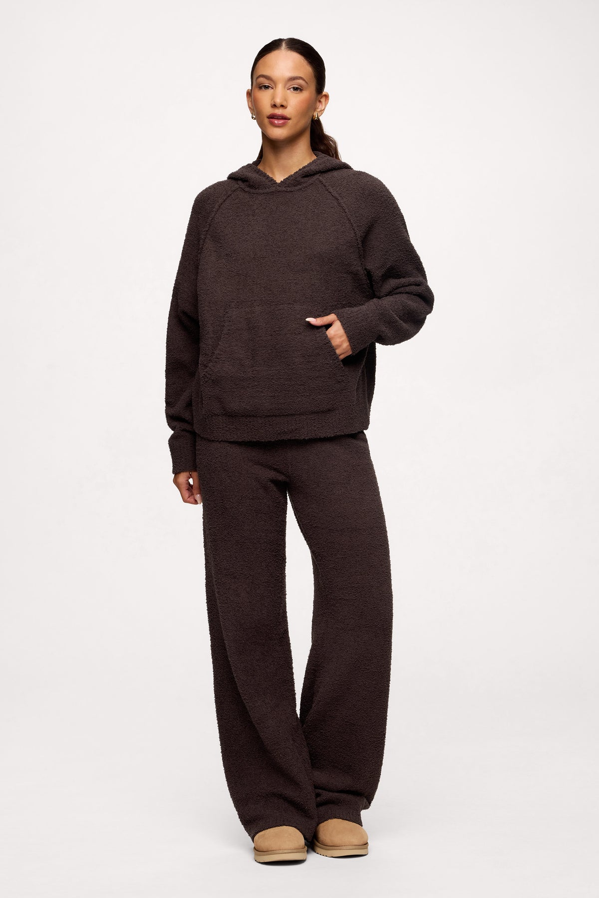 Color:Espresso | nuuds teddy sweat set for women - plush knit cozy sweater hoodie and wide-leg pant set
