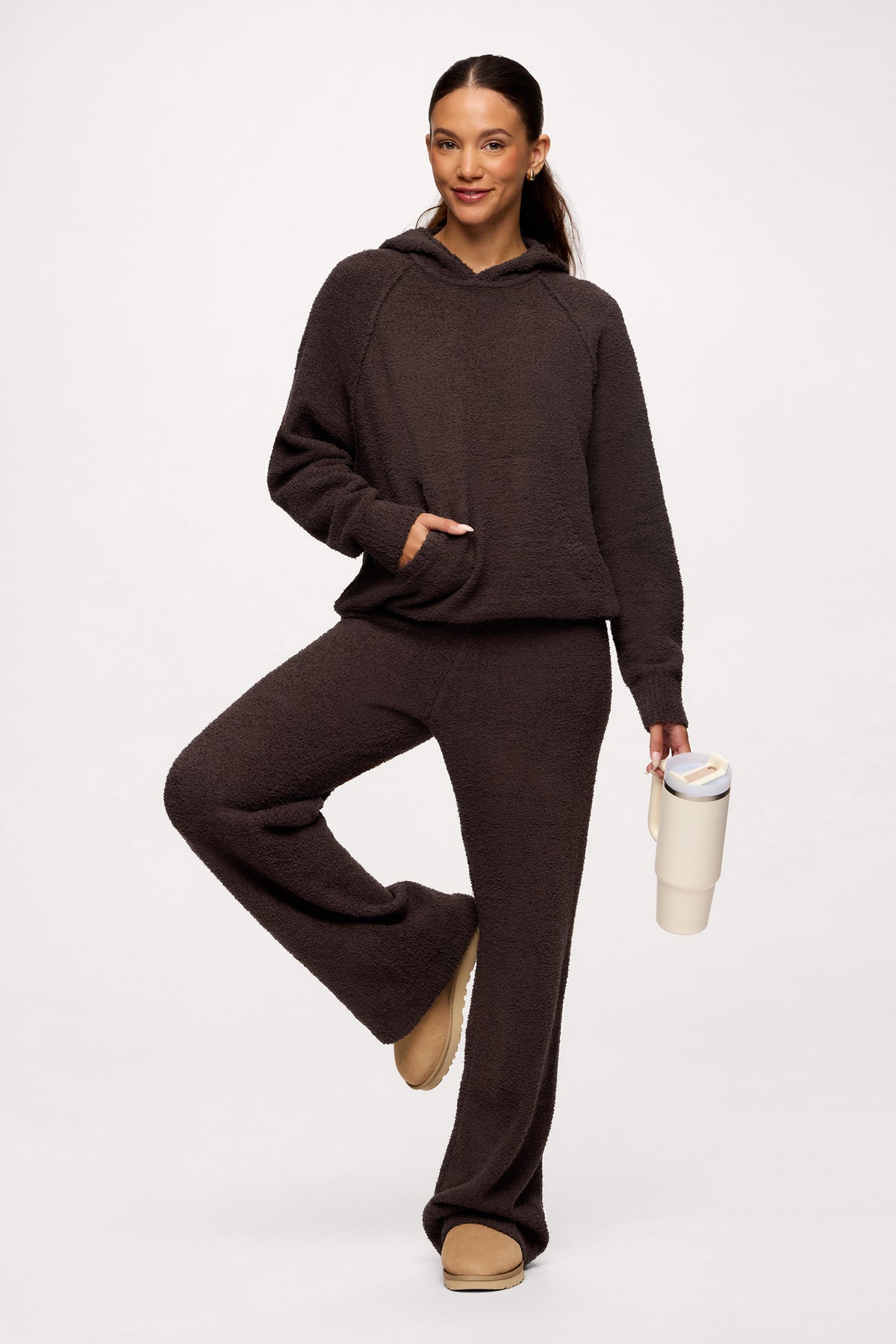 Color:Espresso | nuuds teddy sweat set for women - plush knit cozy sweater hoodie and wide-leg pant set