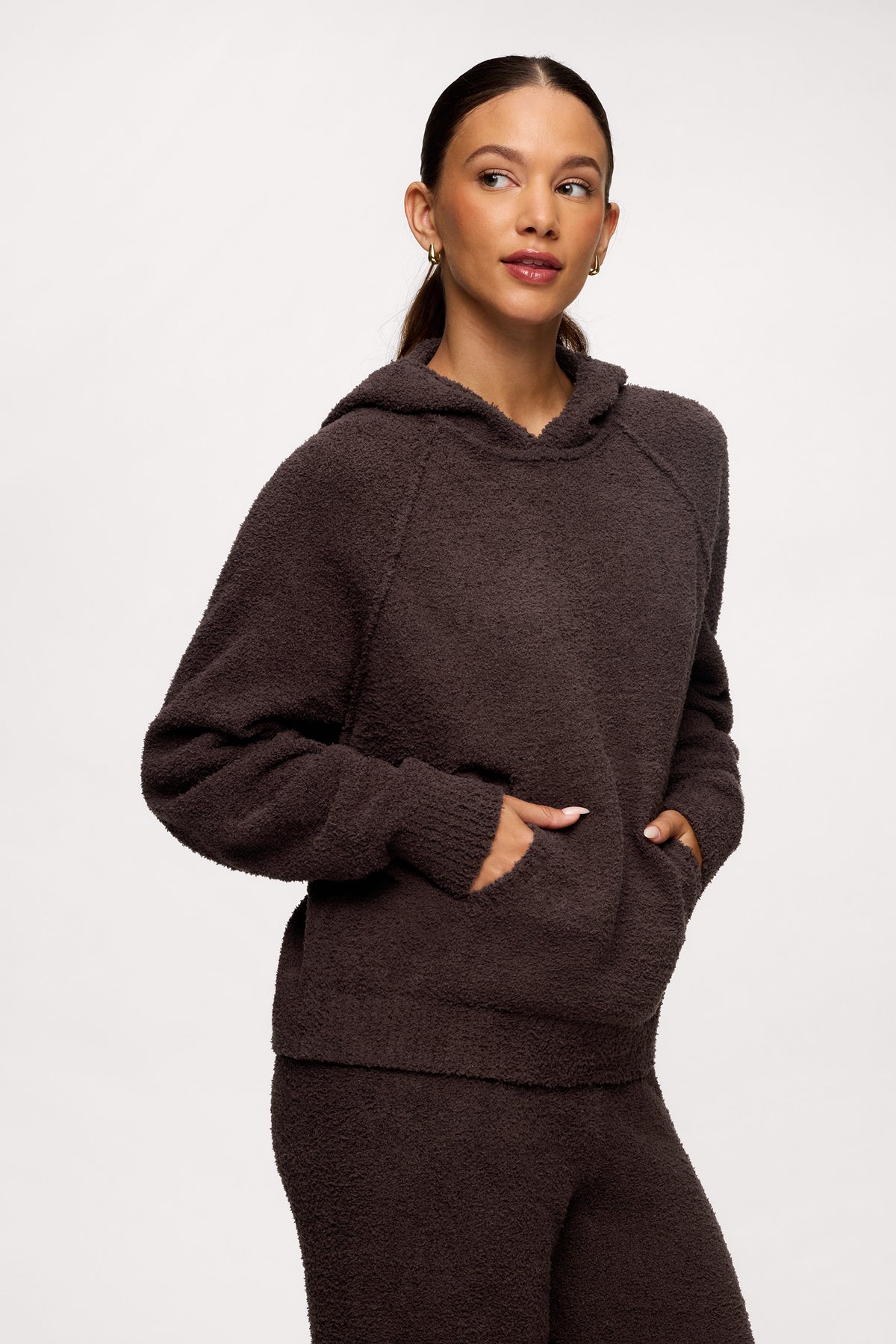 Color:Espresso | nuuds teddy sweat set for women - plush knit cozy sweater hoodie and wide-leg pant set