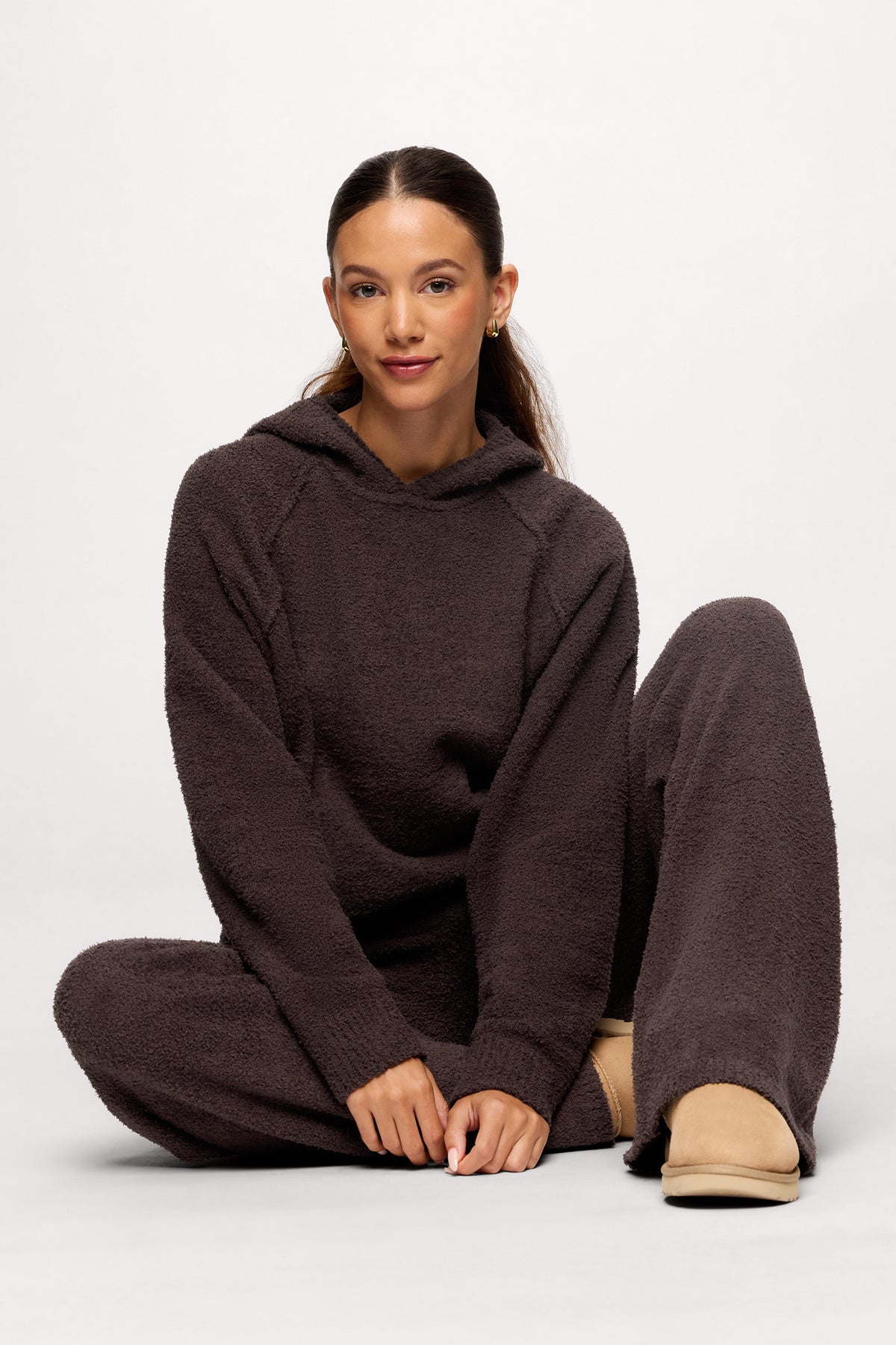 Color:Espresso | nuuds teddy sweat set for women - plush knit cozy sweater hoodie and wide-leg pant set