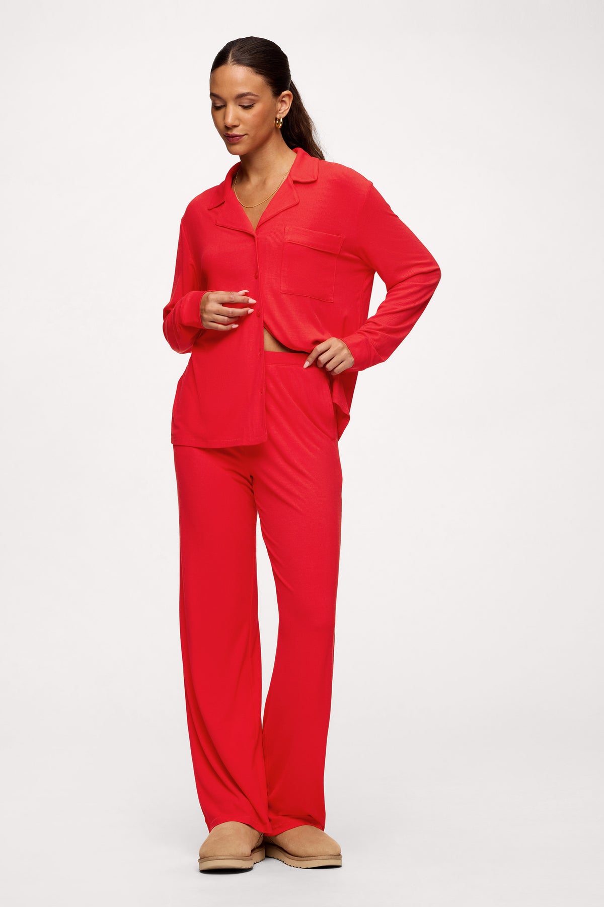 Color:Chili | Button Front Pajama Set