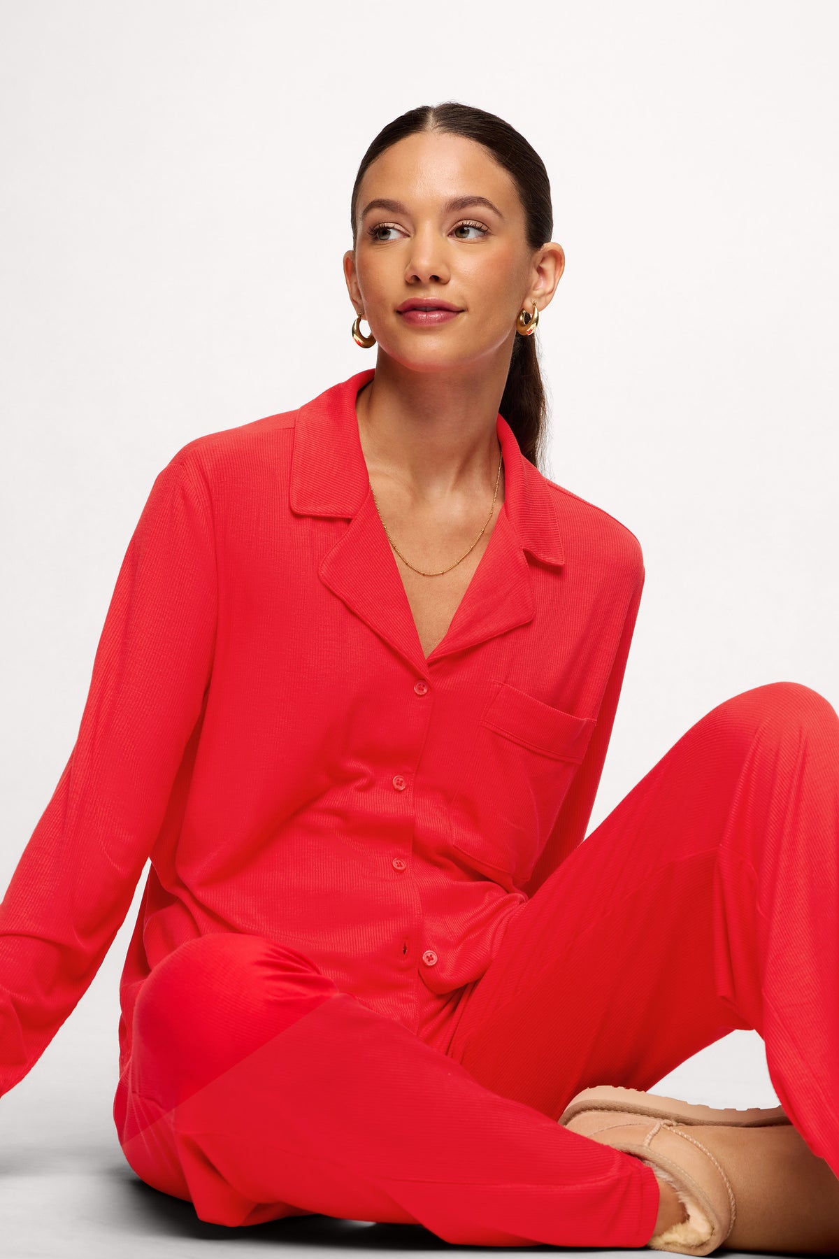 Color:Chili | Button Front Pajama Set
