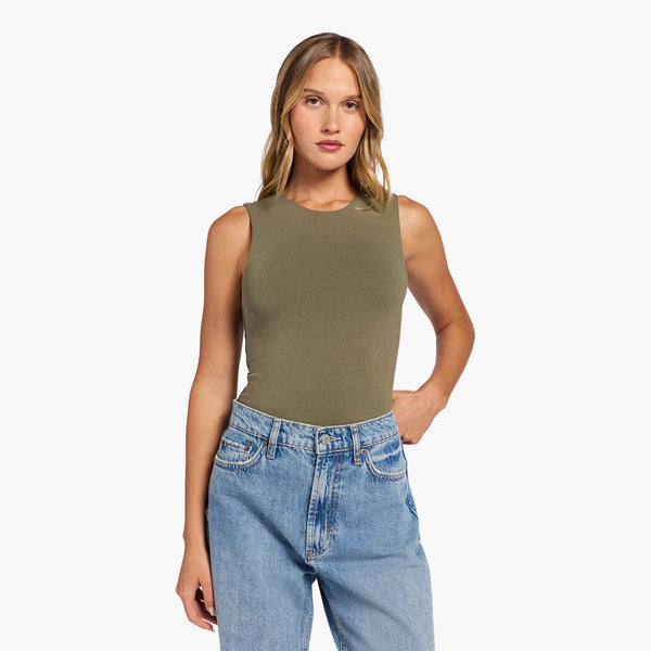 Cotton Stretch Classic Crewneck Tank Bodysuit | Olive