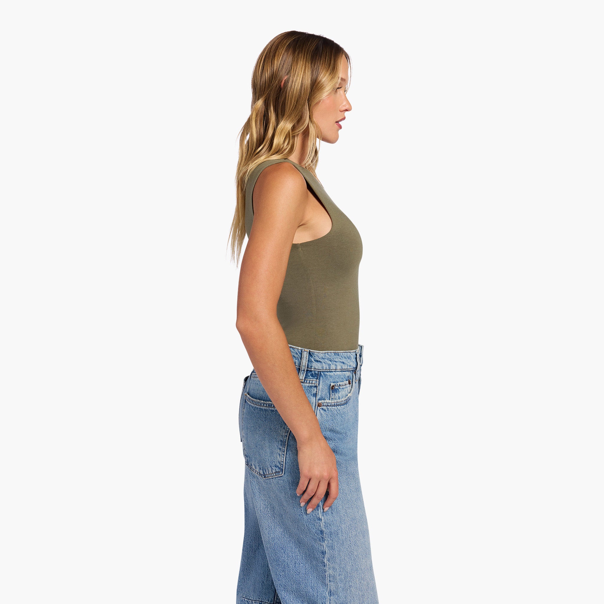 Cotton Stretch Classic Crewneck Tank Bodysuit | Olive