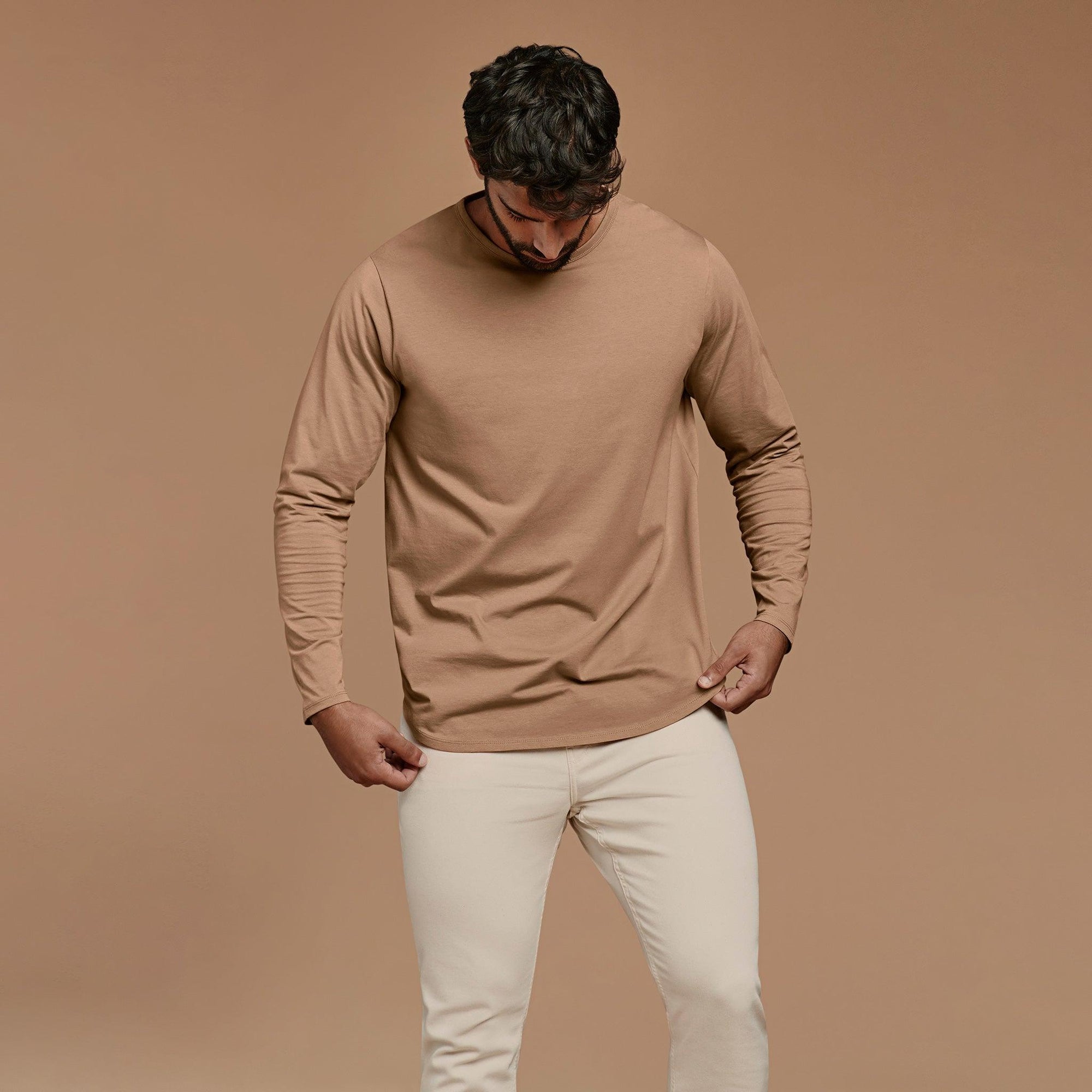 Men's Long Sleeve Curved Hem T-Shirt | Cinnamon