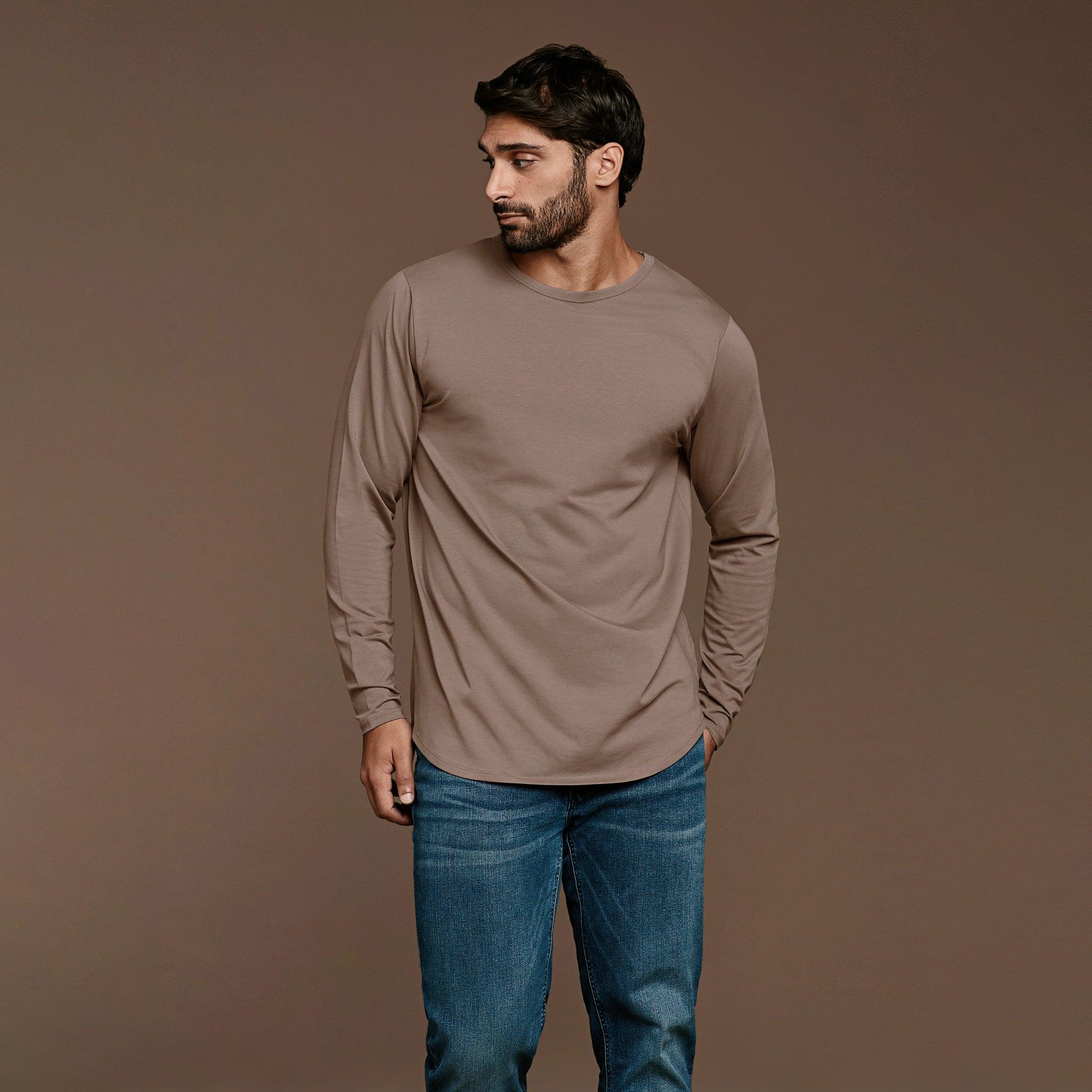 Long Sleeve Curved Hem T Shirt Mocha
