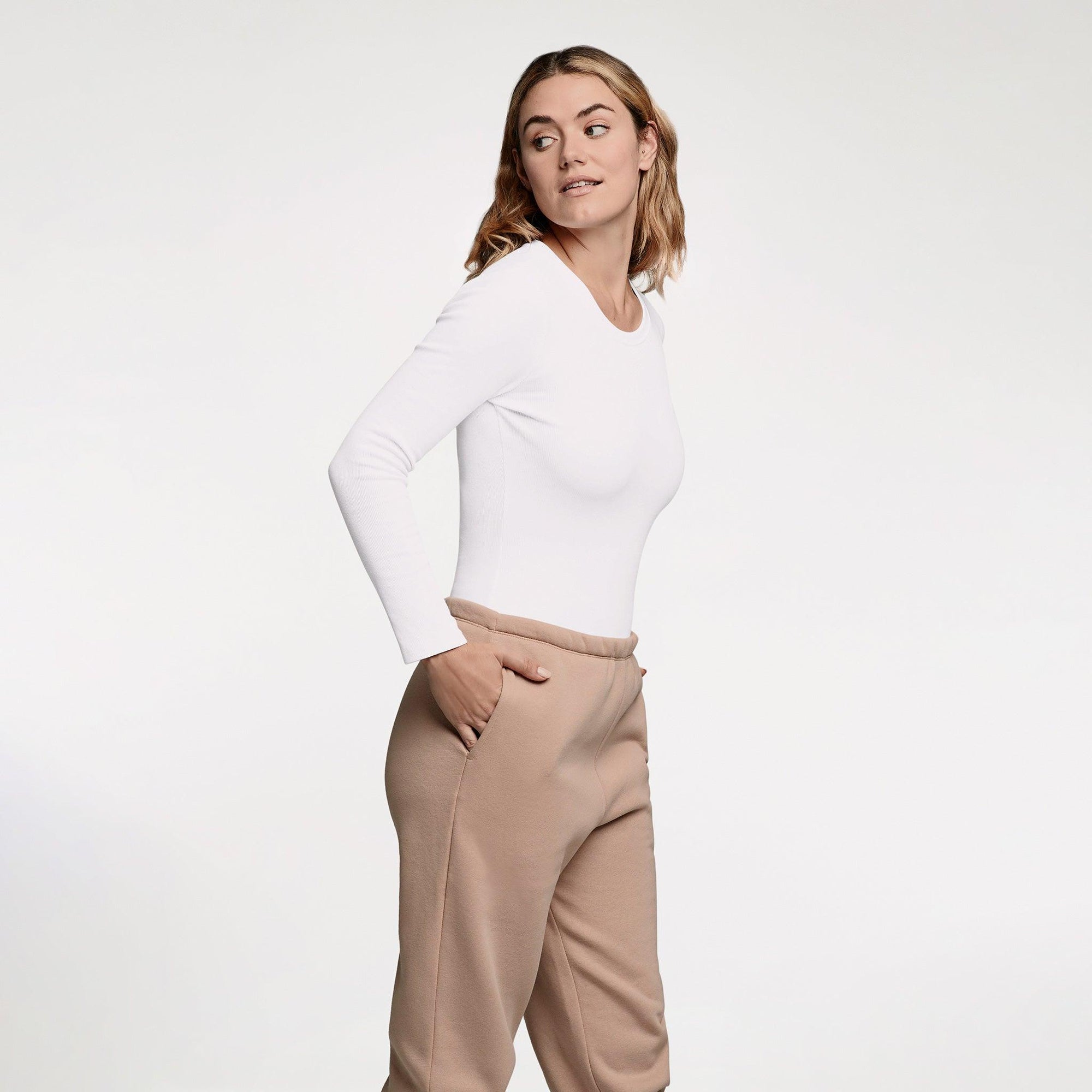 Women's Long Sleeve Ribbed Crewneck Bodysuit | White