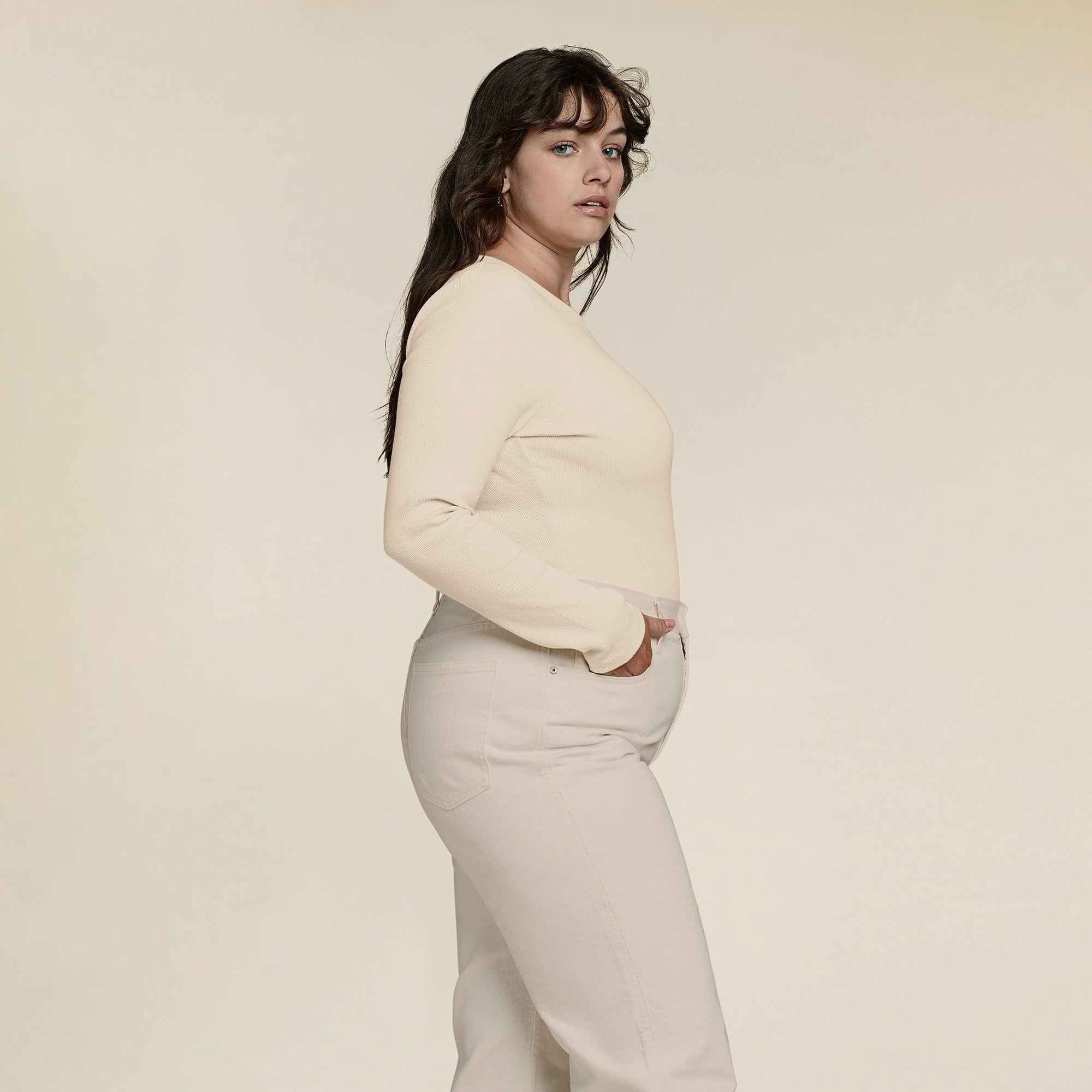Women's Long Sleeve Ribbed Crewneck Bodysuit | Bone