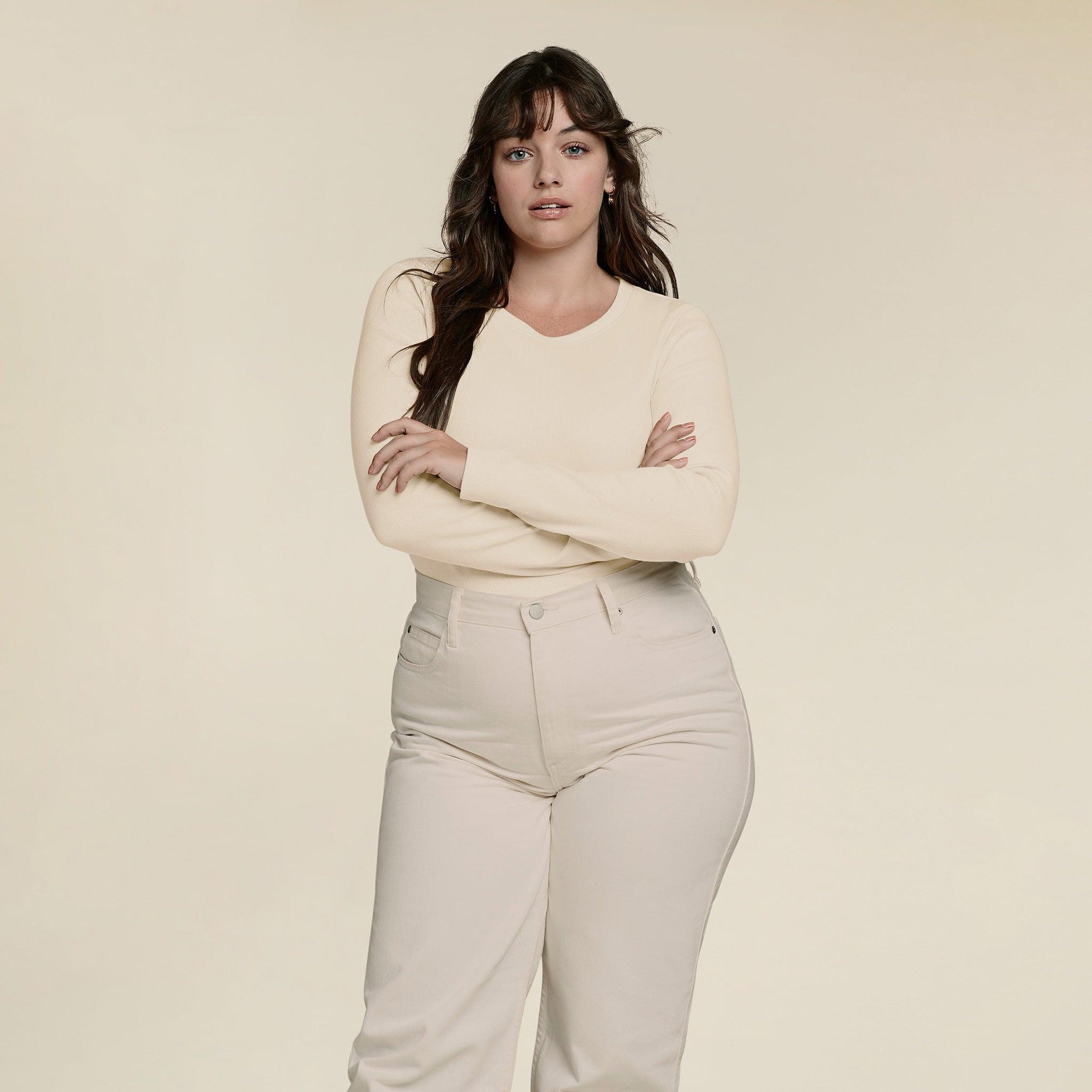 Women's Long Sleeve Ribbed Crewneck Bodysuit | Bone