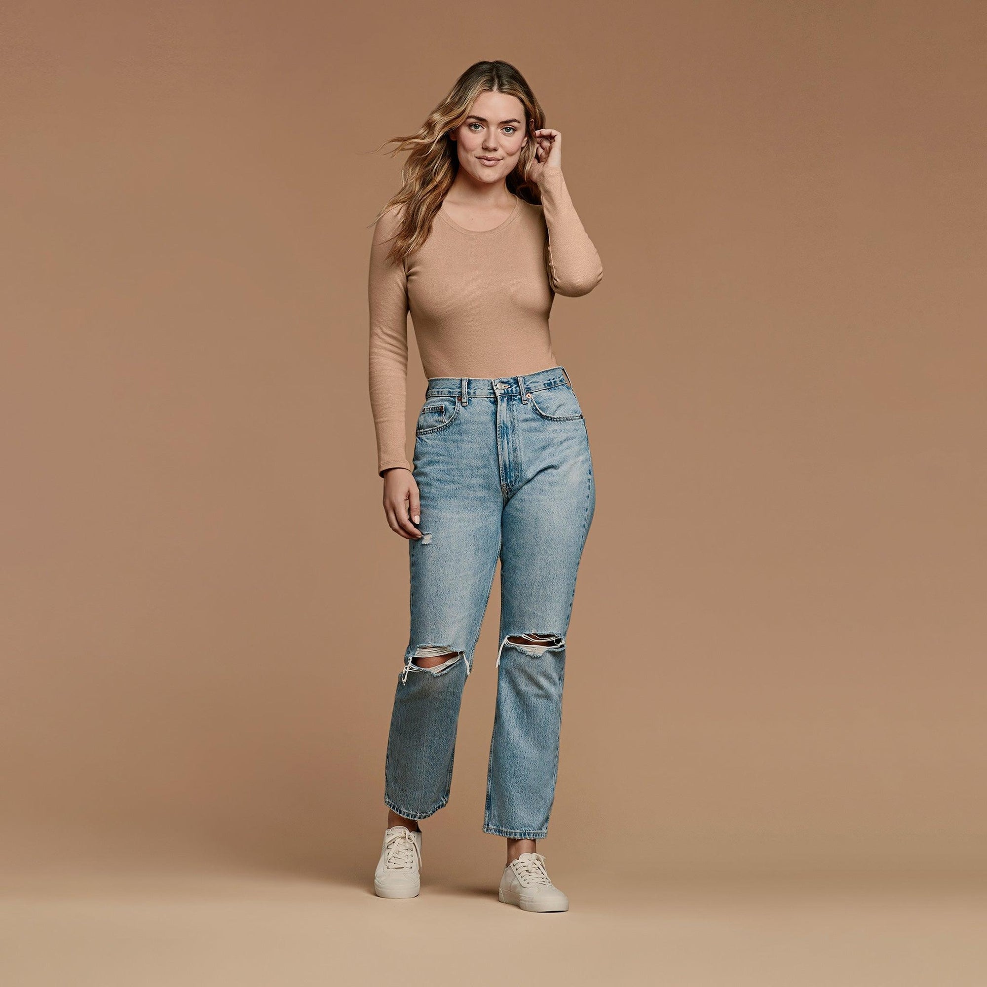 Women's Long Sleeve Ribbed Crewneck Bodysuit | Cinnamon