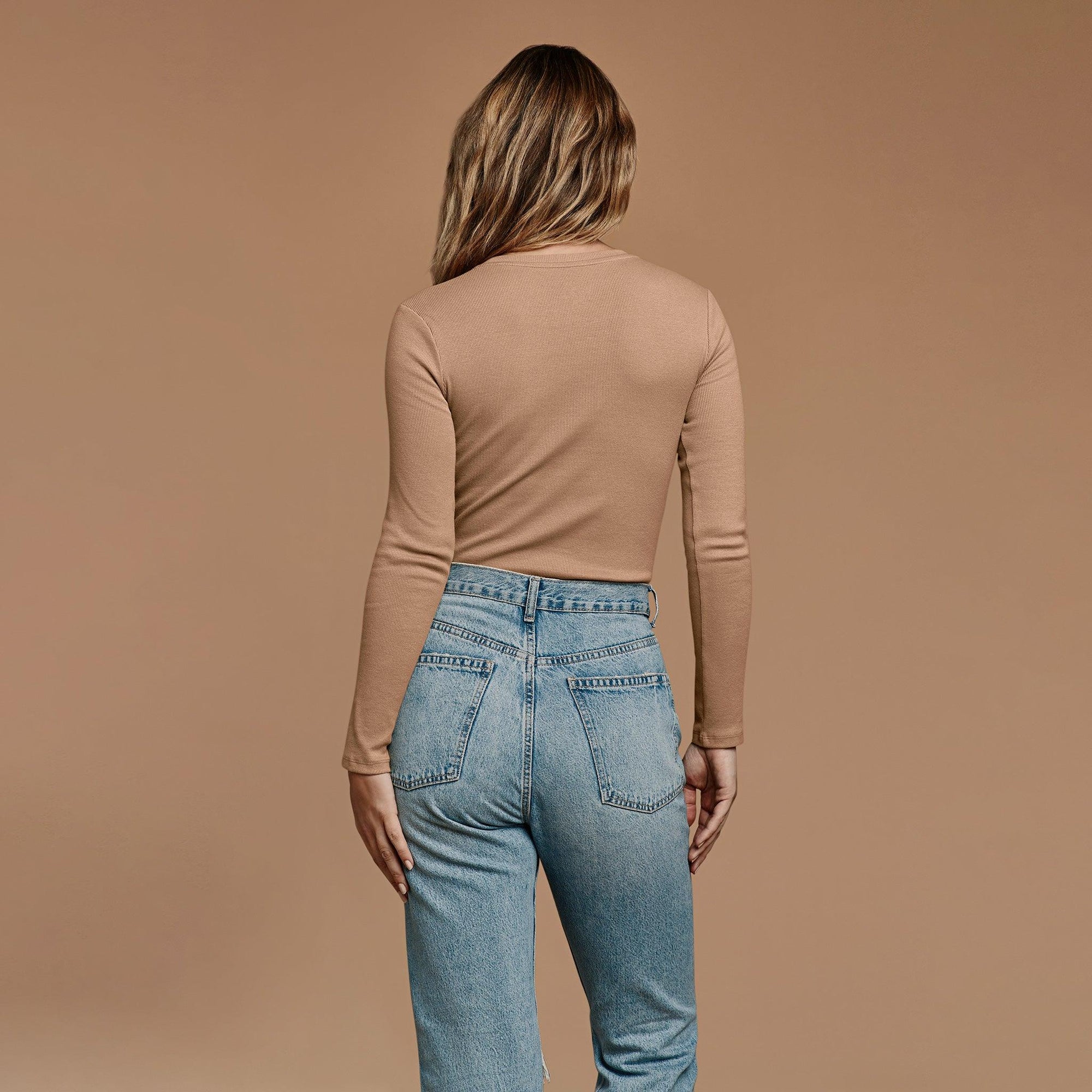 Women's Long Sleeve Ribbed Crewneck Bodysuit | Cinnamon
