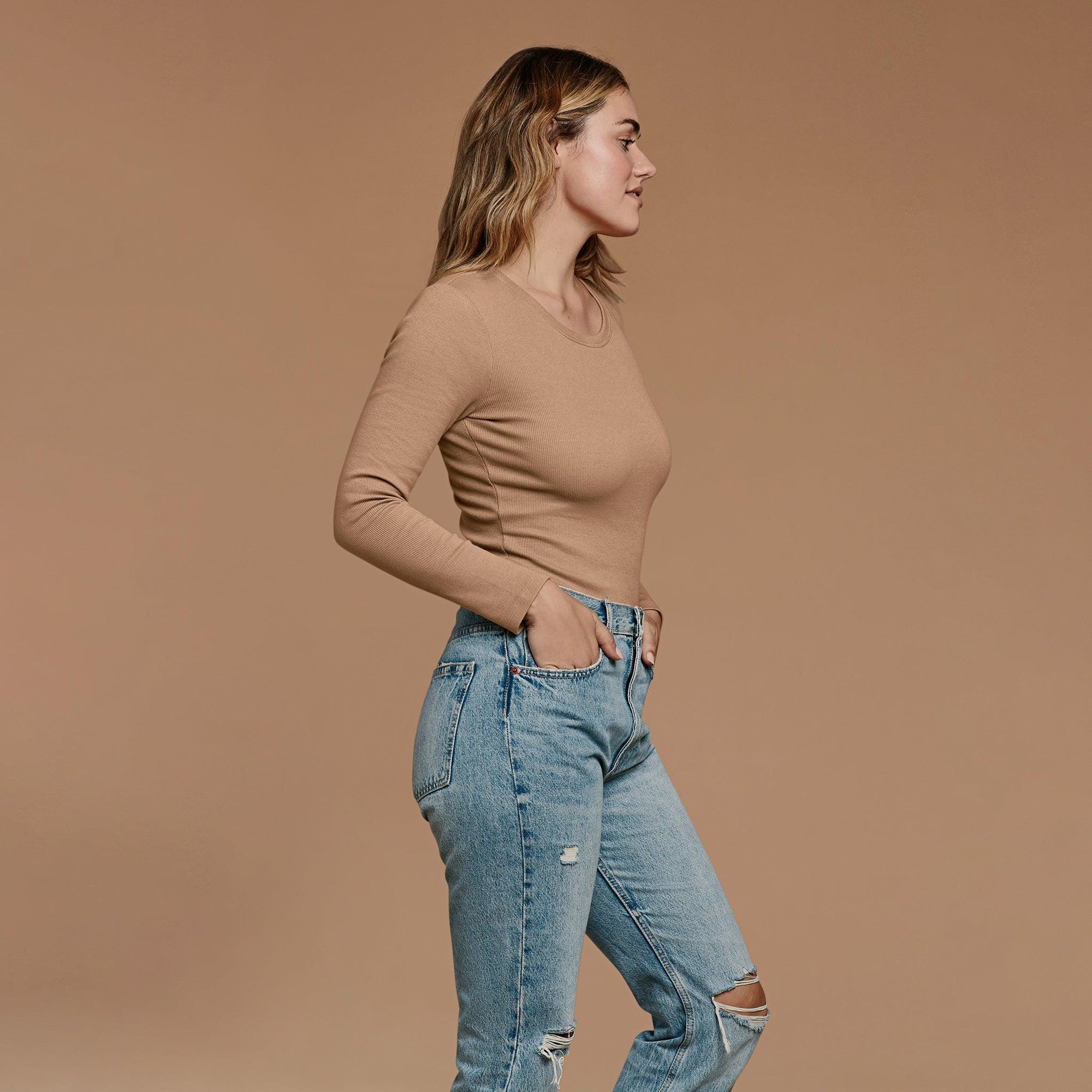 Women's Long Sleeve Ribbed Crewneck Bodysuit | Cinnamon