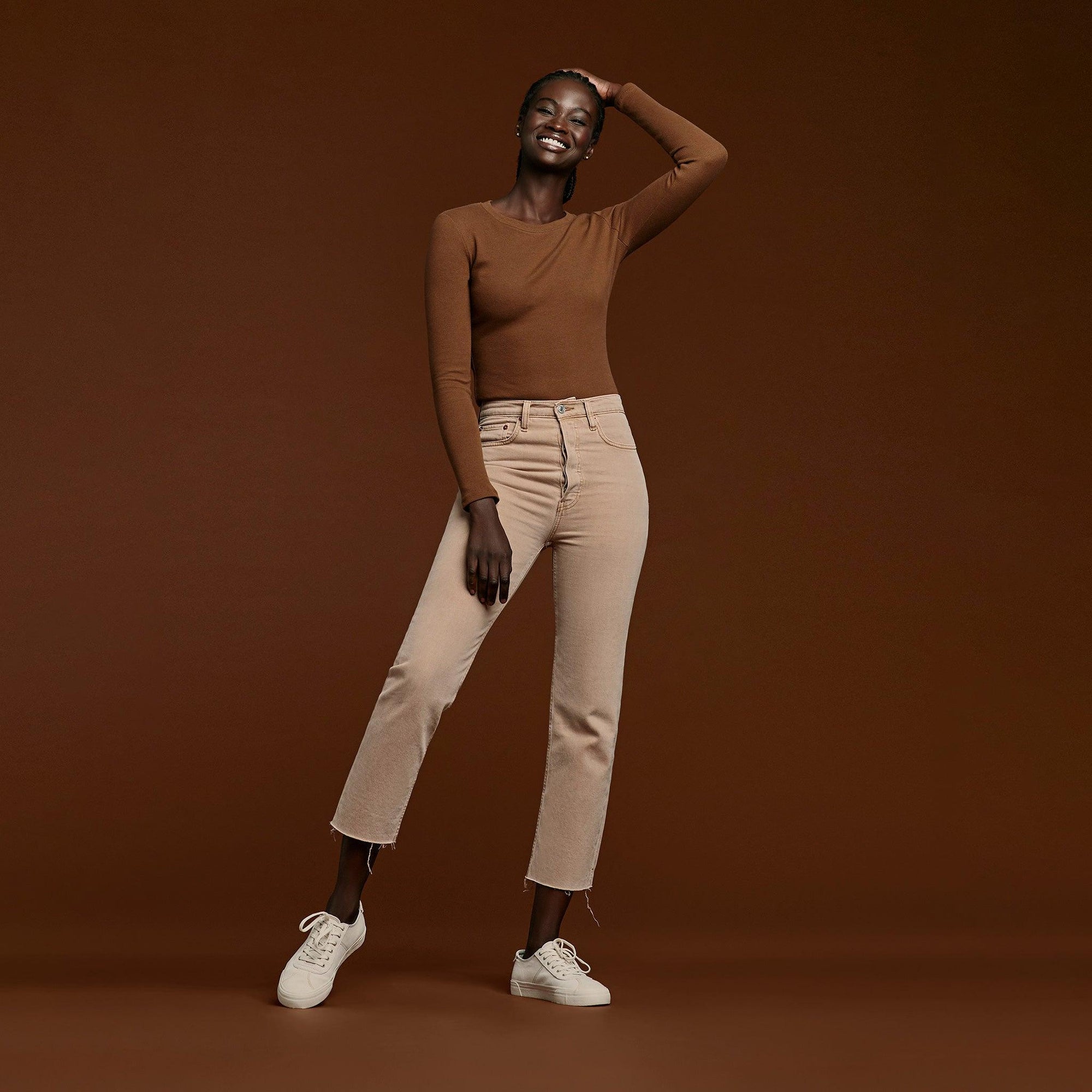 Women's Long Sleeve Ribbed Crewneck Bodysuit | Chocolate
