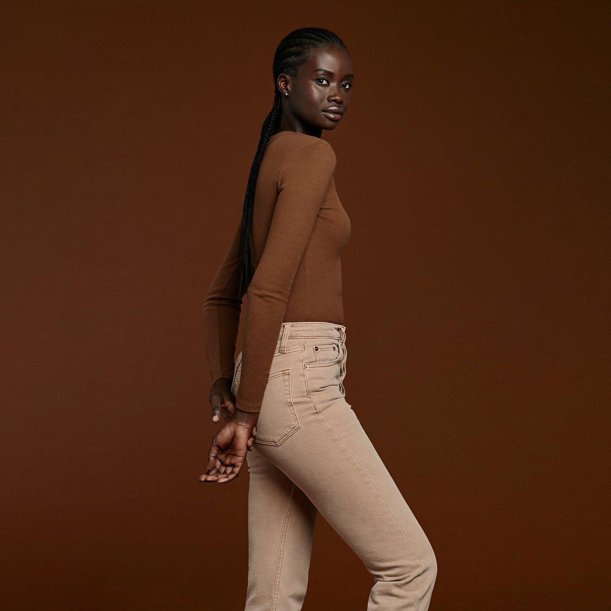 Women's Long Sleeve Ribbed Crewneck Bodysuit | Chocolate