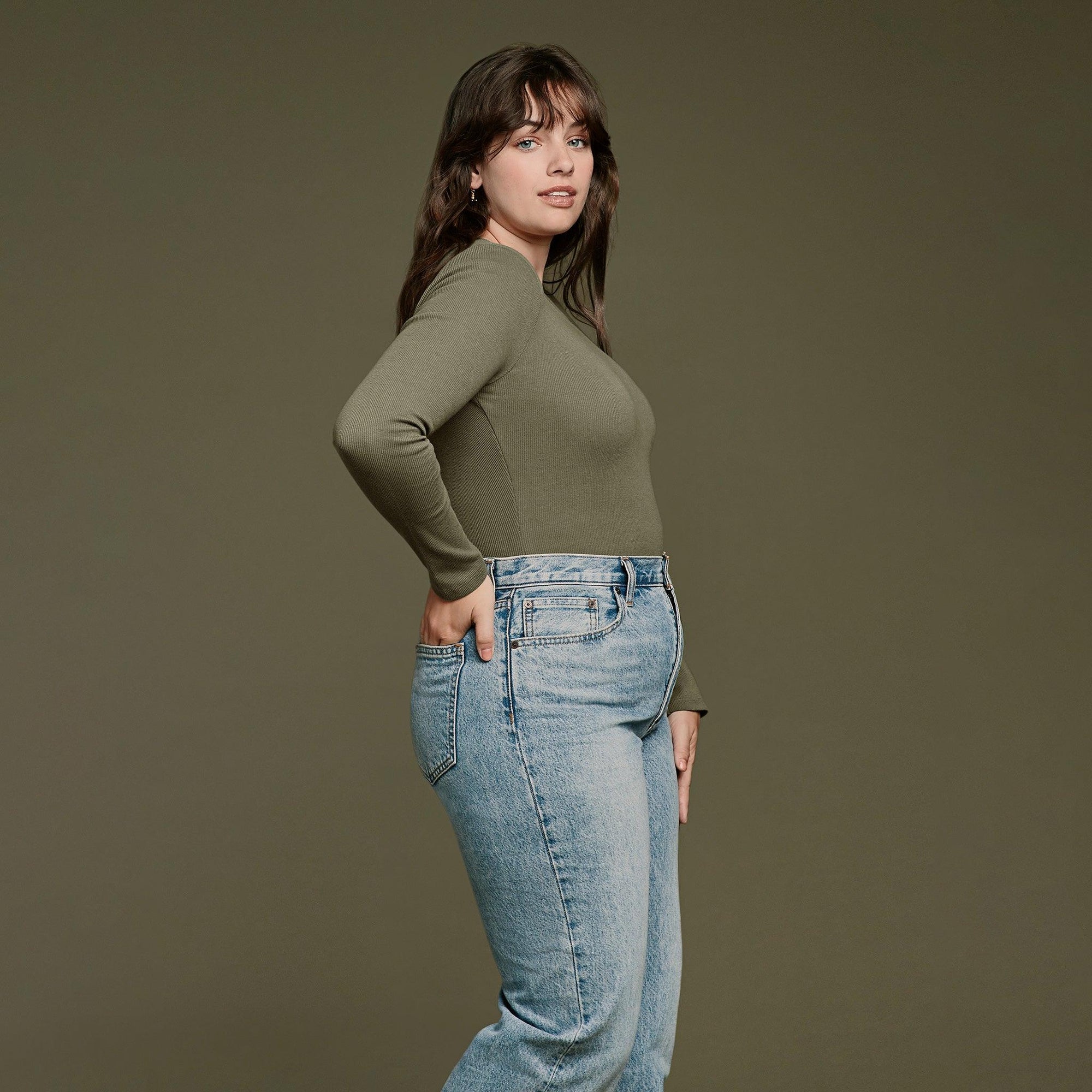 Women's Long Sleeve Ribbed Crewneck Bodysuit | Dark Olive