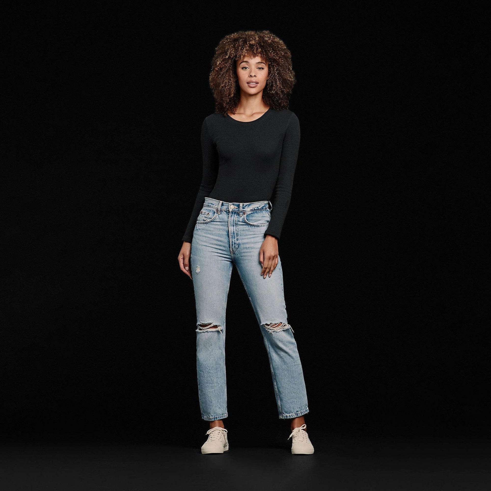 Women's Long Sleeve Ribbed Crewneck Bodysuit | Black