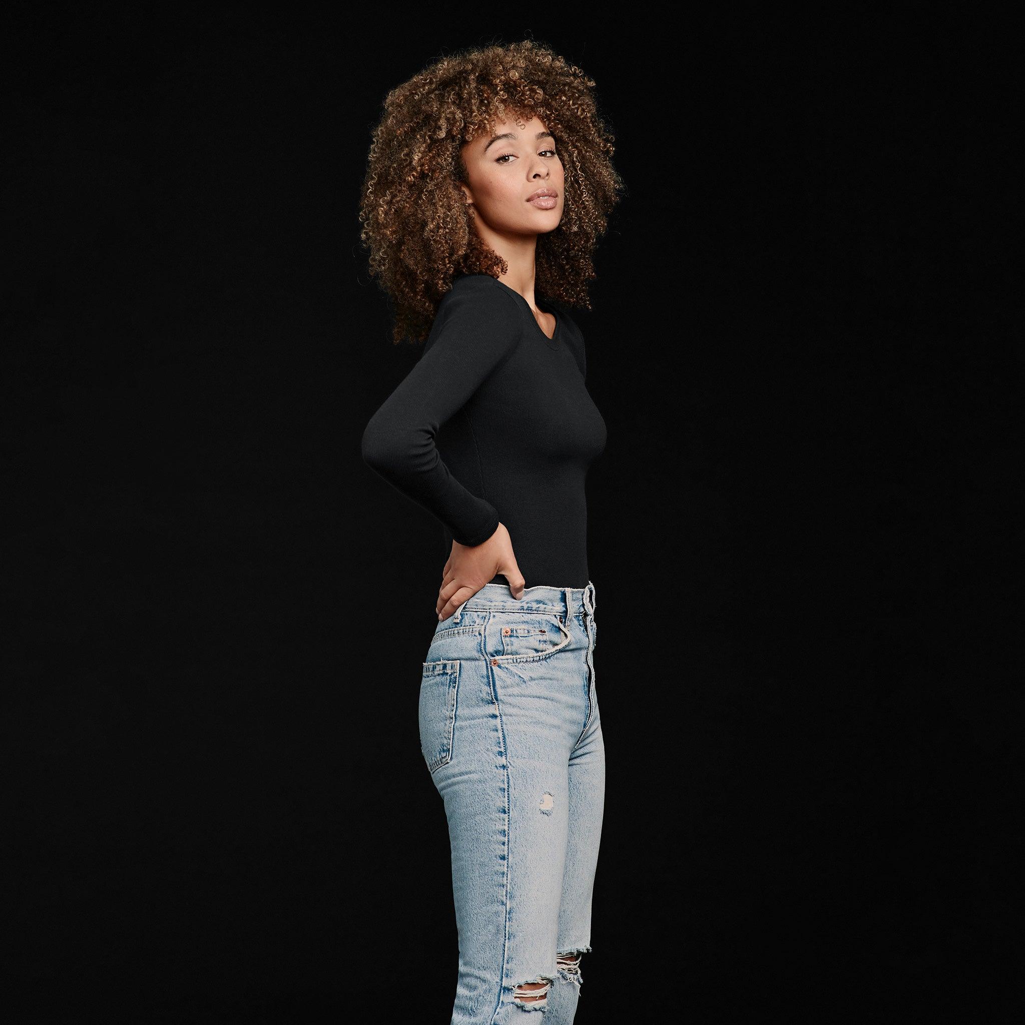 Long Sleeve Ribbed Crewneck Bodysuit | Black