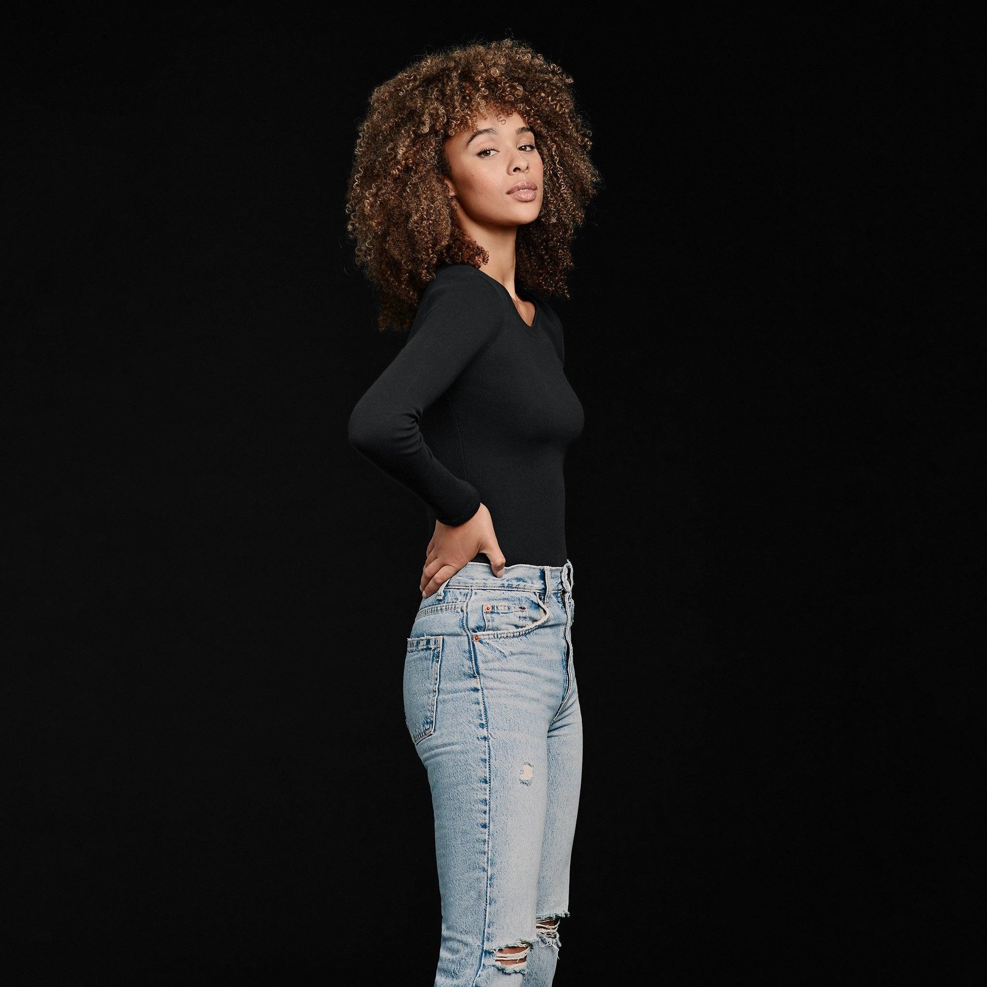 Women's Long Sleeve Ribbed Crewneck Bodysuit | Black